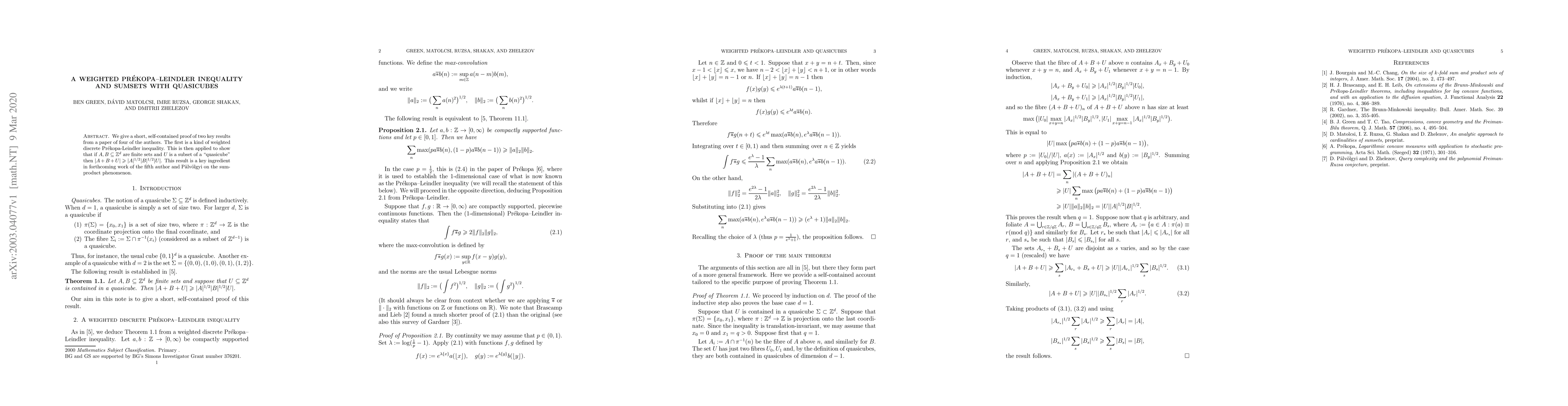 Thumbnail for A Weighted Pr\'ekopa-Leindler inequality and sumsets with quasicubes