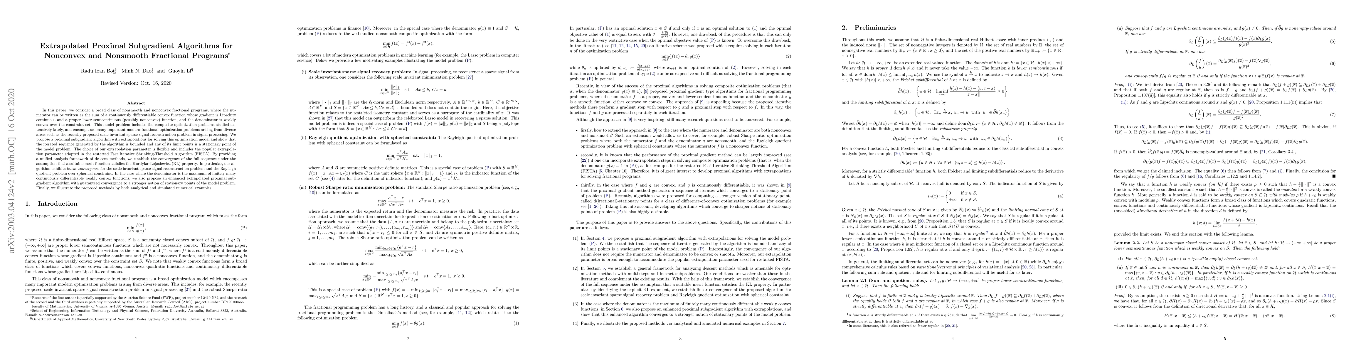 Thumbnail for Extrapolated Proximal Subgradient Algorithms for Nonconvex and Nonsmooth
  Fractional Programs