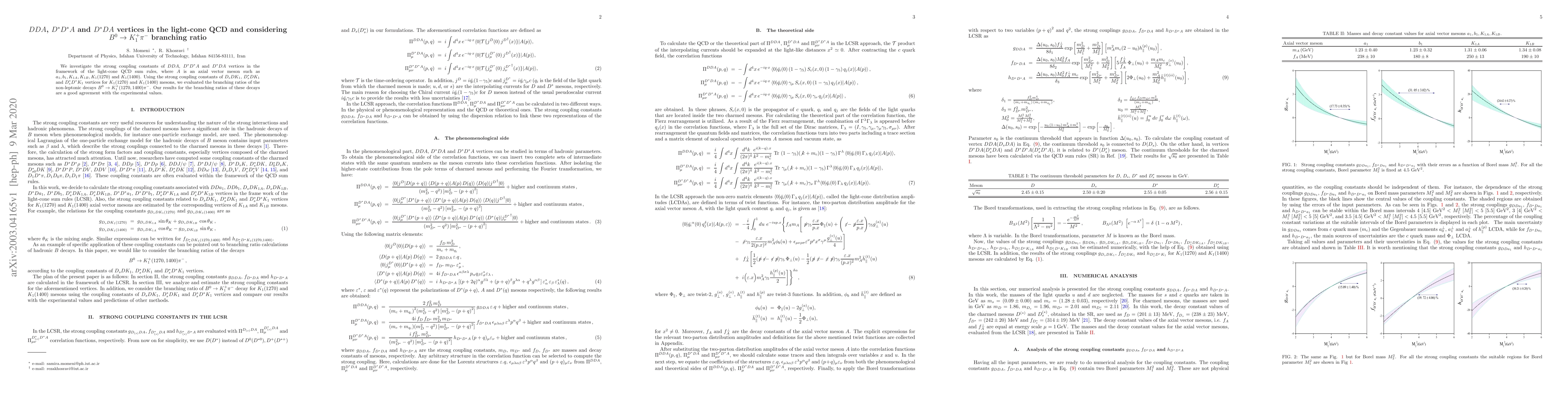 Thumbnail for $D D A$, $D^{*}D^{*}A$ and $D^{*} D A$ vertices in the light-cone QCD
  and considering $B^0\to {K}_{1}^{+} \pi^-$ branching ratio