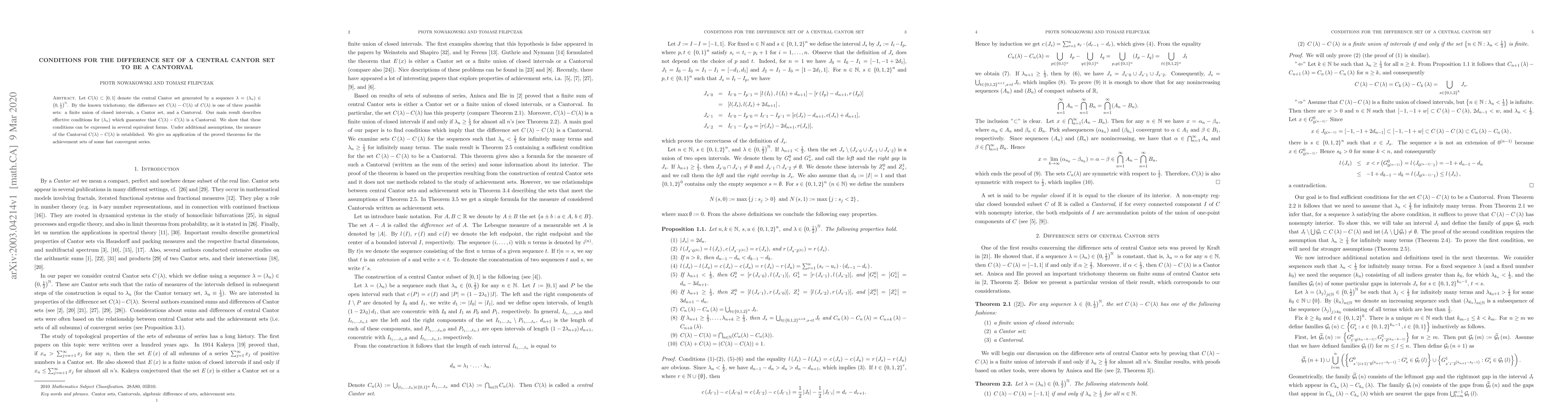 Thumbnail for Conditions for the difference set of a central Cantor set to be a
  Cantorval