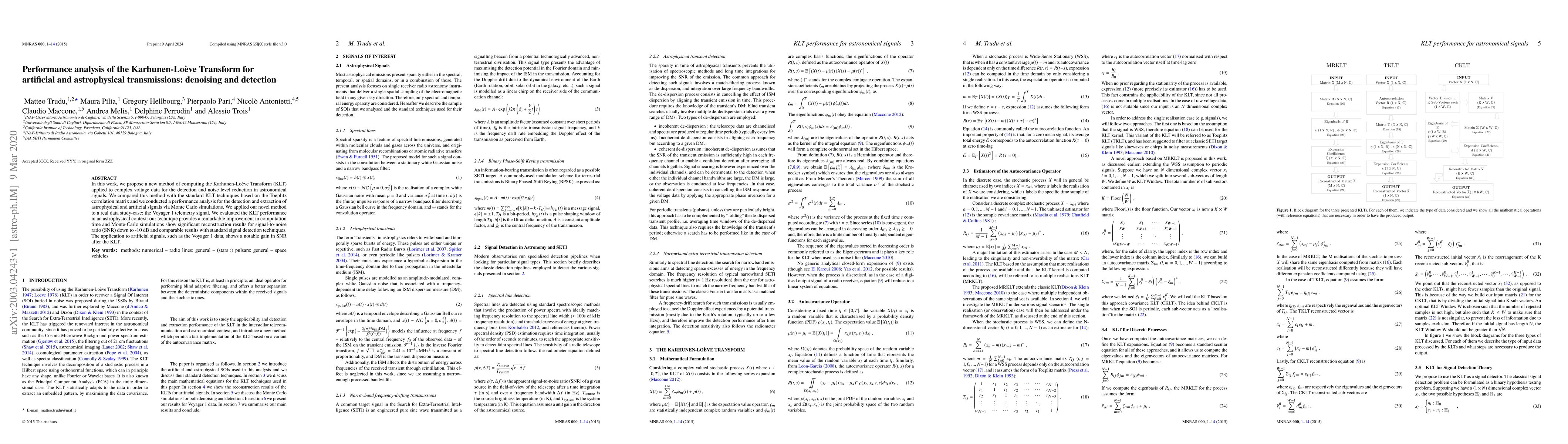 Thumbnail for Performance analysis of the Karhunen-Lo\`{e}ve Transform for artificial
  and astrophysical transmissions: denoising and detection