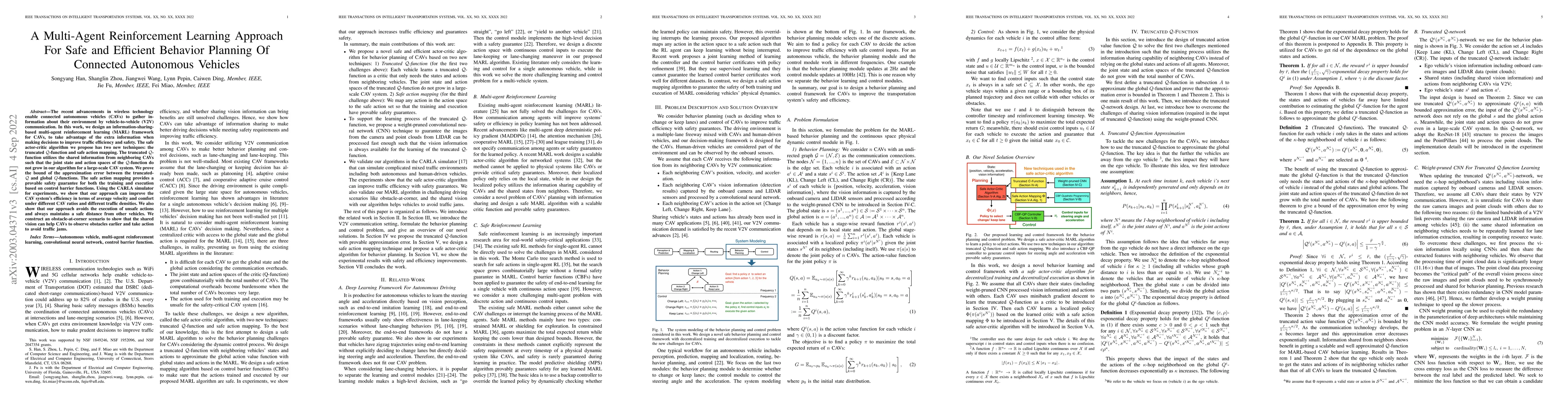 Thumbnail for A Multi-Agent Reinforcement Learning Approach For Safe and Efficient
  Behavior Planning Of Connected Autonomous Vehicles