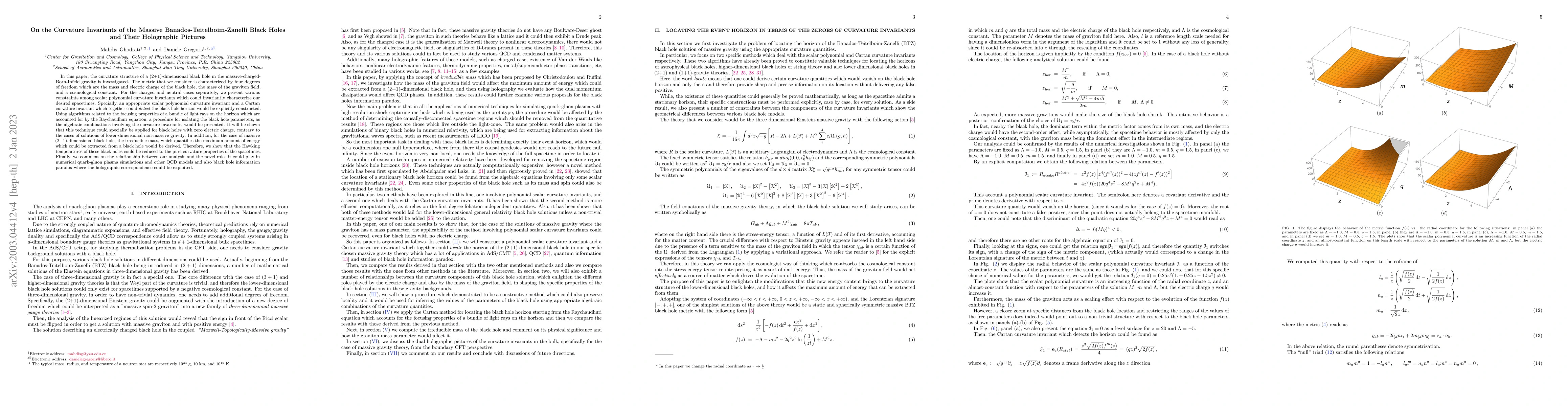 Thumbnail for On the Curvature Invariants of the Massive Banados-Teitelboim-Zanelli
  Black Holes and Their Holographic Pictures