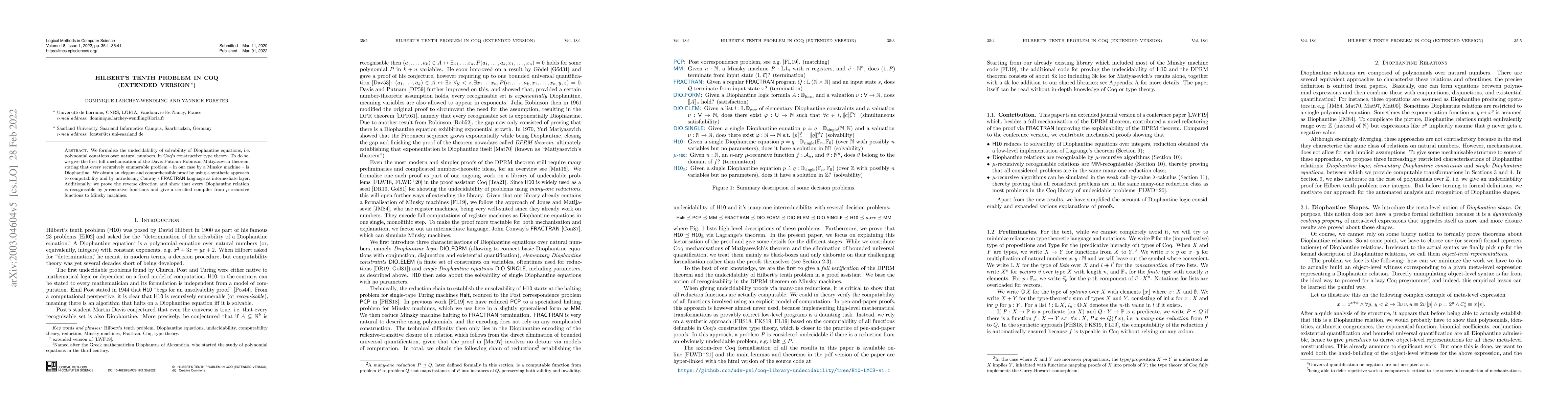 Thumbnail for Hilbert's Tenth Problem in Coq (Extended Version)