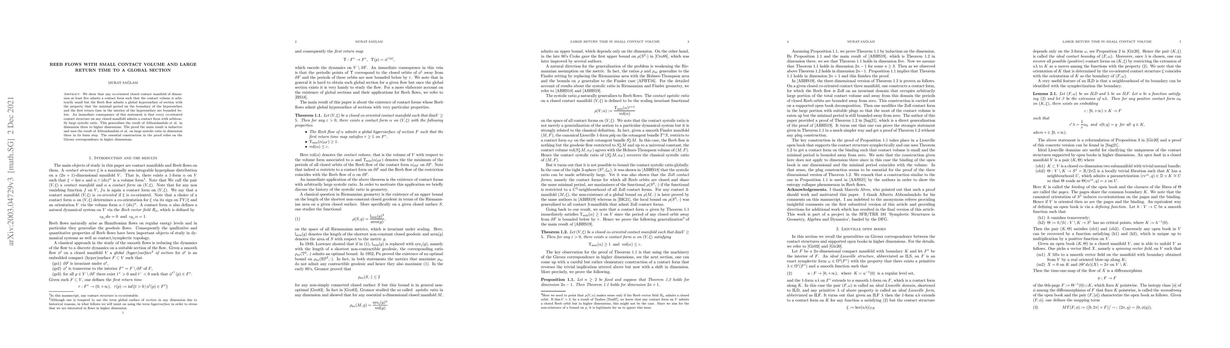 Thumbnail for Reeb flows with small contact volume and large return time to a global
  section
