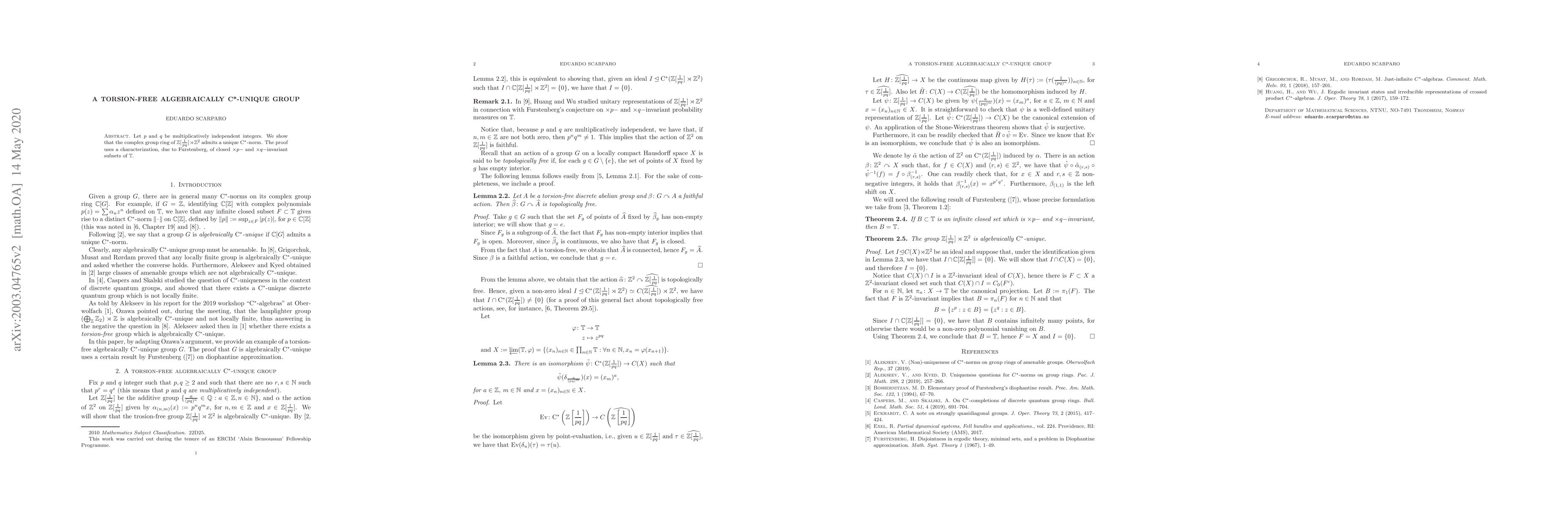 Thumbnail for A torsion-free algebraically C*-unique group