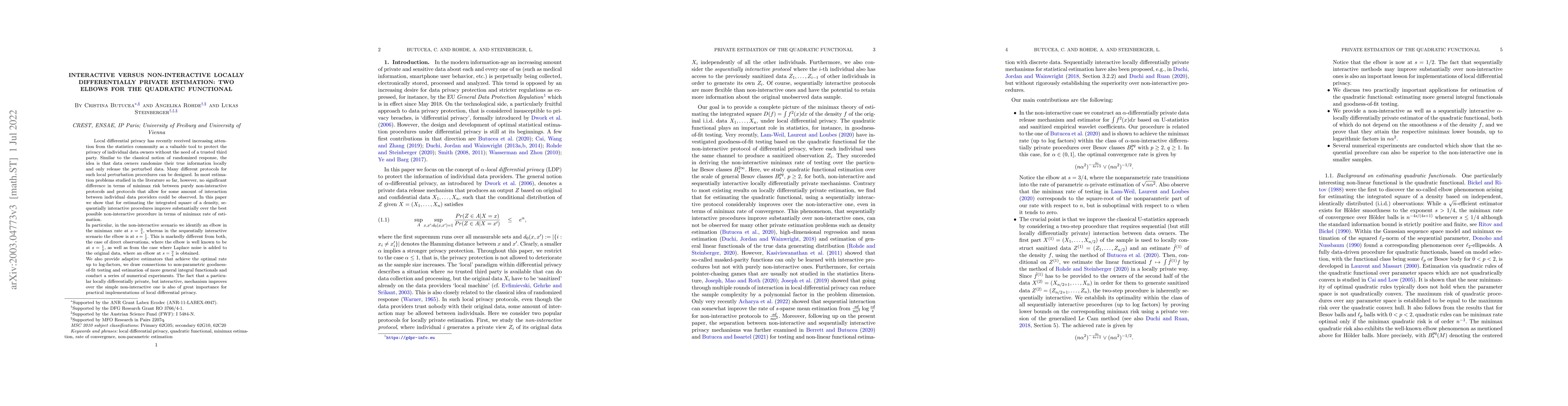 Thumbnail for Interactive versus non-interactive locally differentially private
  estimation: Two elbows for the quadratic functional