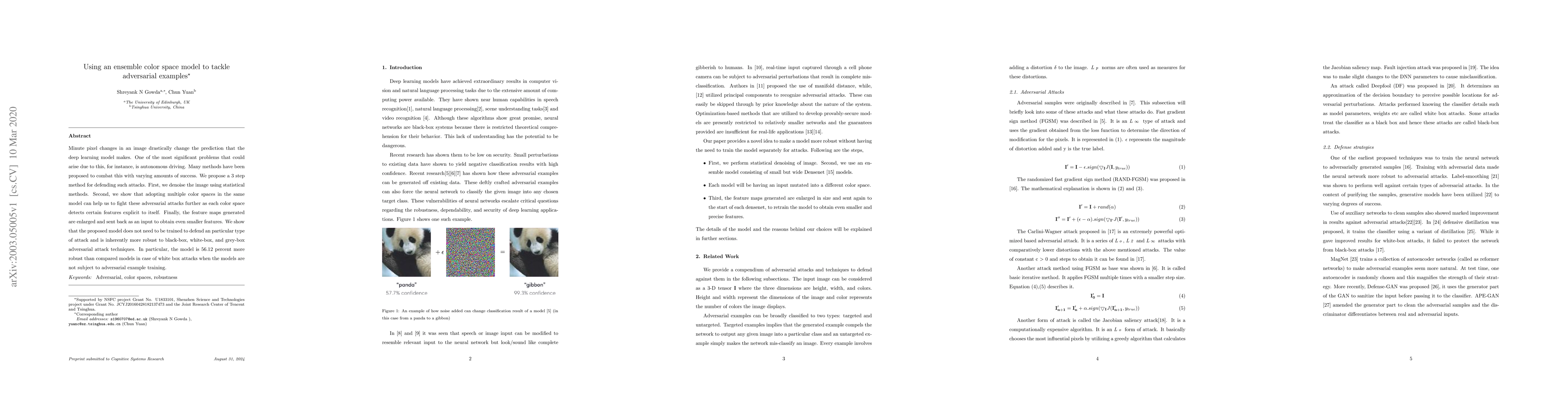 Thumbnail for Using an ensemble color space model to tackle adversarial examples