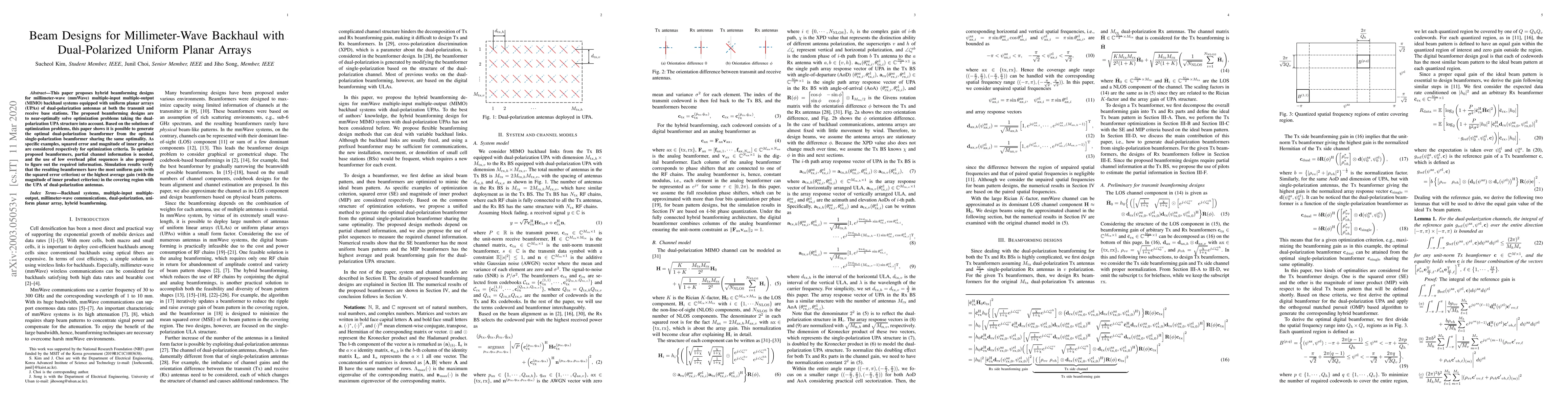 Thumbnail for Beam Designs for Millimeter-Wave Backhaul with Dual-Polarized Uniform
  Planar Arrays