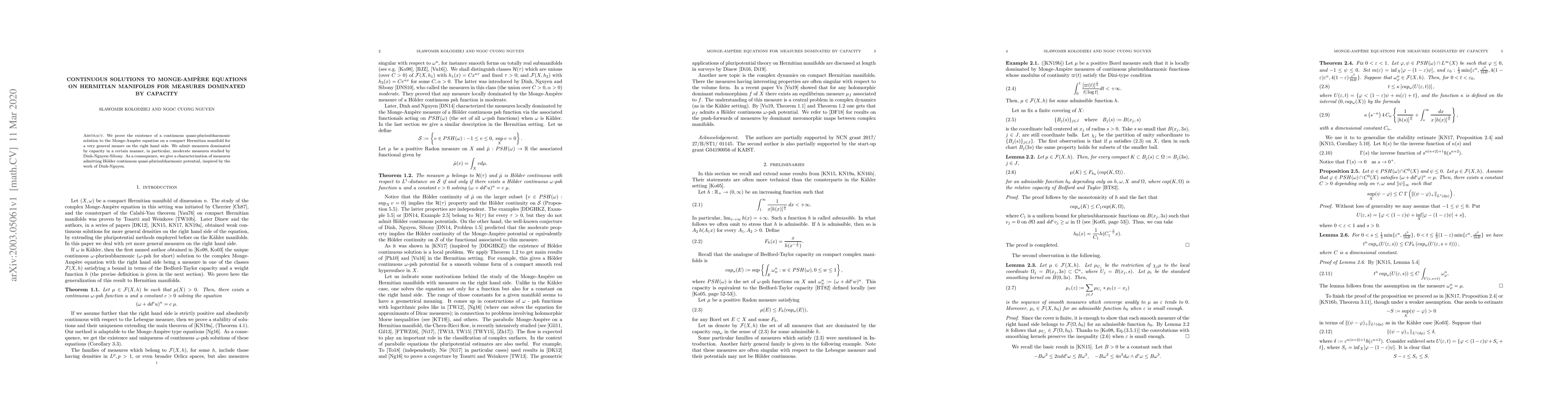 Thumbnail for Continuous solutions to Monge-Amp\`ere equations on Hermitian manifolds
  for measures dominated by capacity