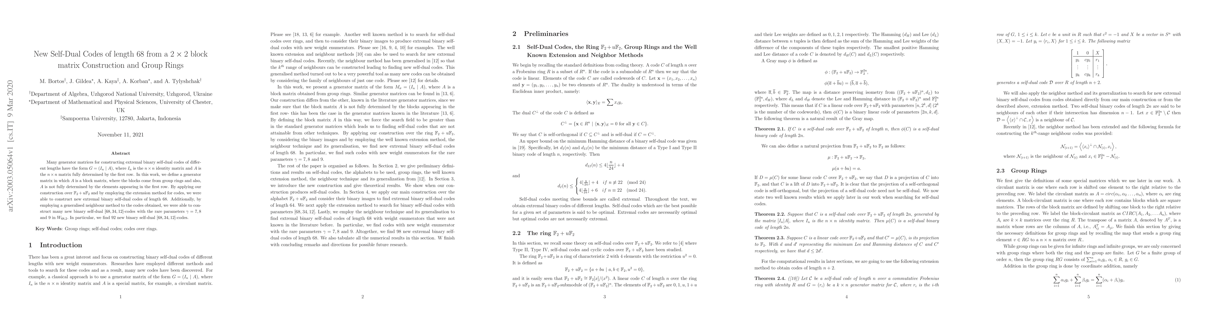 Thumbnail for New Self-Dual Codes of length 68 from a 2 by 2 block matrix Construction
  and Group Rings