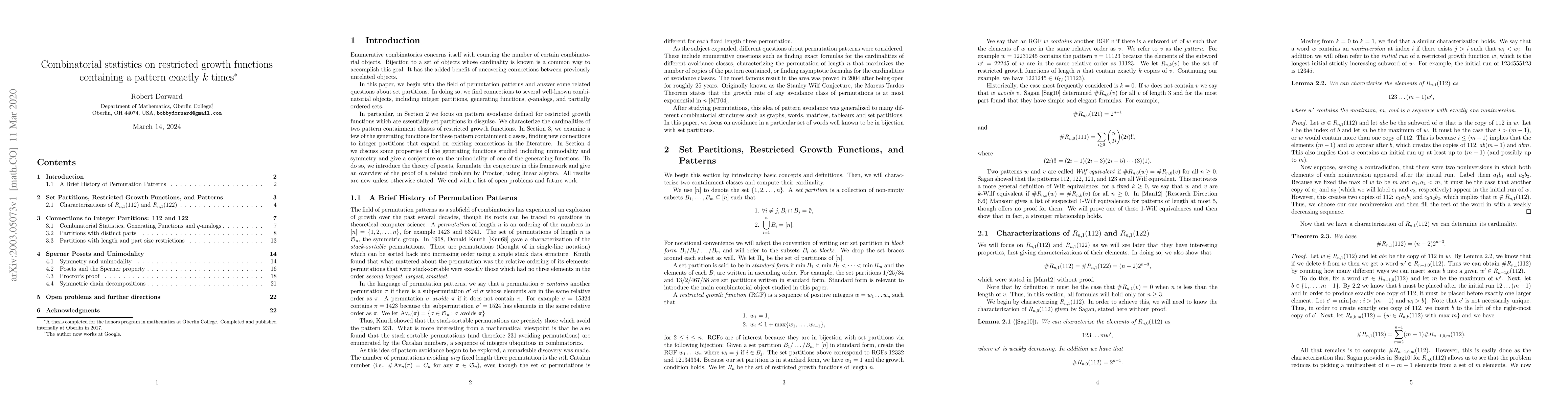 Thumbnail for Combinatorial statistics on restricted growth functions containing a
  pattern exactly $k$ times