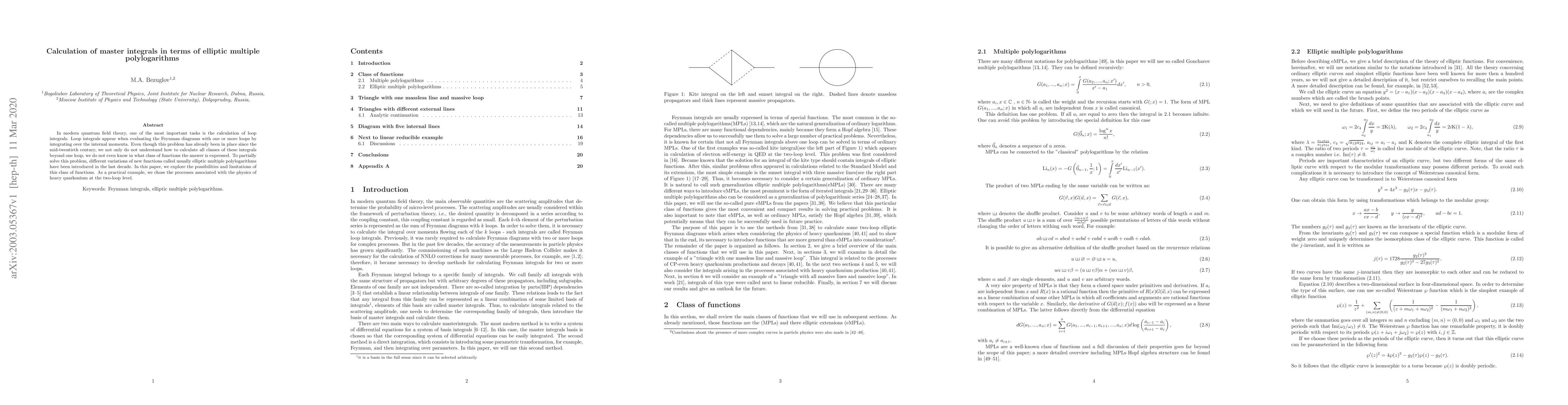 Thumbnail for Calculation of master integrals in terms of elliptic multiple
  polylogarithms