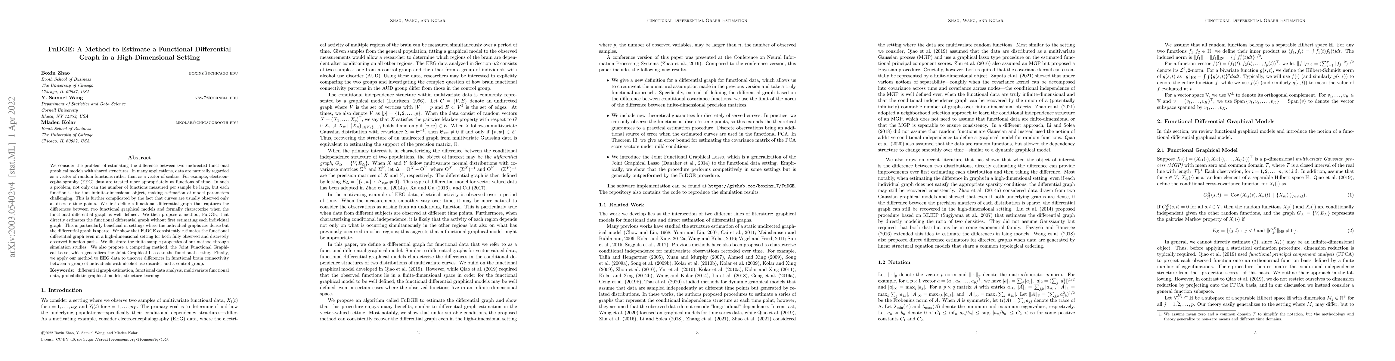 Thumbnail for FuDGE: A Method to Estimate a Functional Differential Graph in a
  High-Dimensional Setting