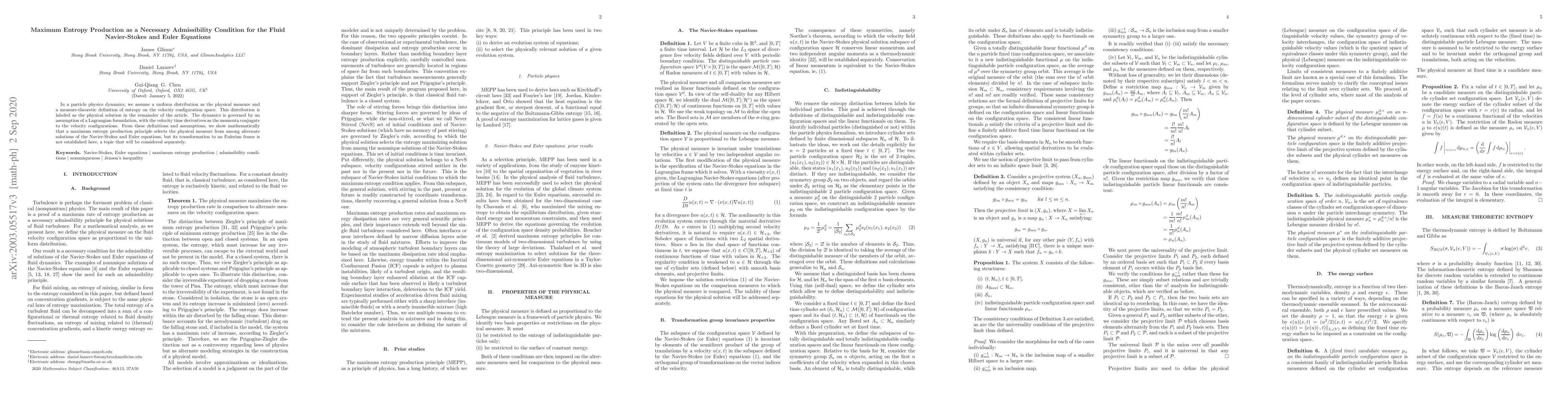 Thumbnail for Maximum entropy production as a necessary admissibility condition for
  the fluid Navier-Stokes and Euler equations