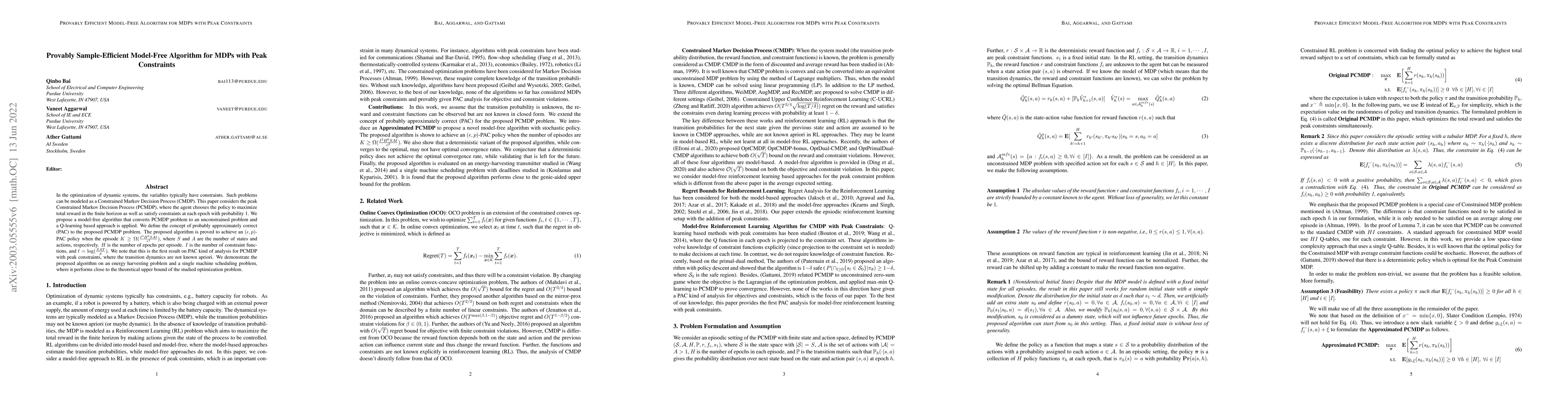 Thumbnail for Provably Efficient Model-Free Algorithm for MDPs with Peak Constraints