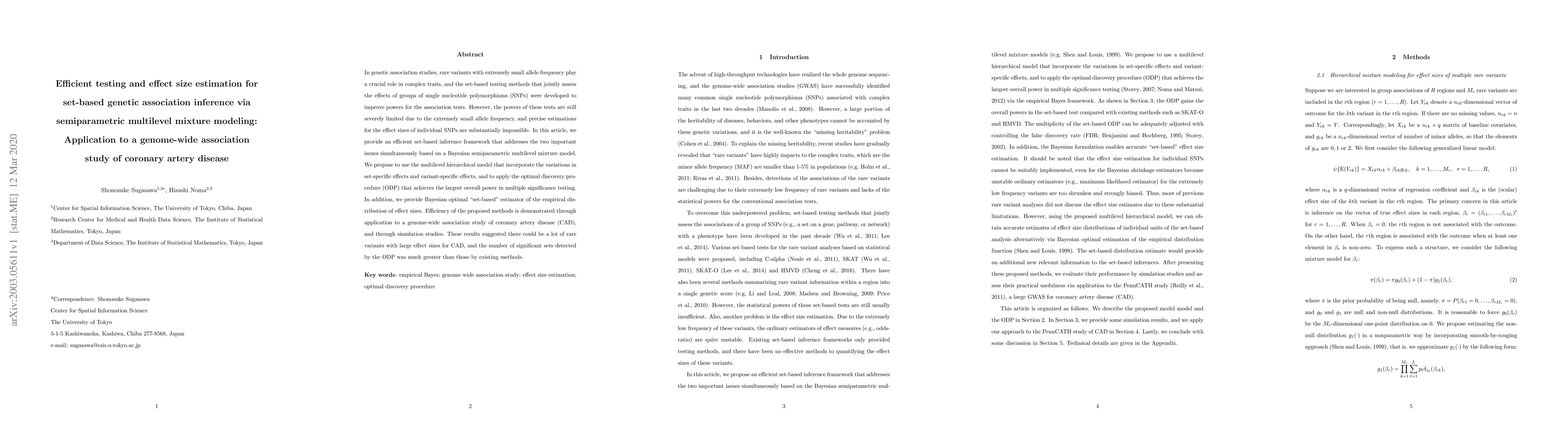Thumbnail for Efficient testing and effect size estimation for set-based genetic
  association inference via semiparametric multilevel mixture modeling:
  Application to a genome-wide association study of coronary artery disease