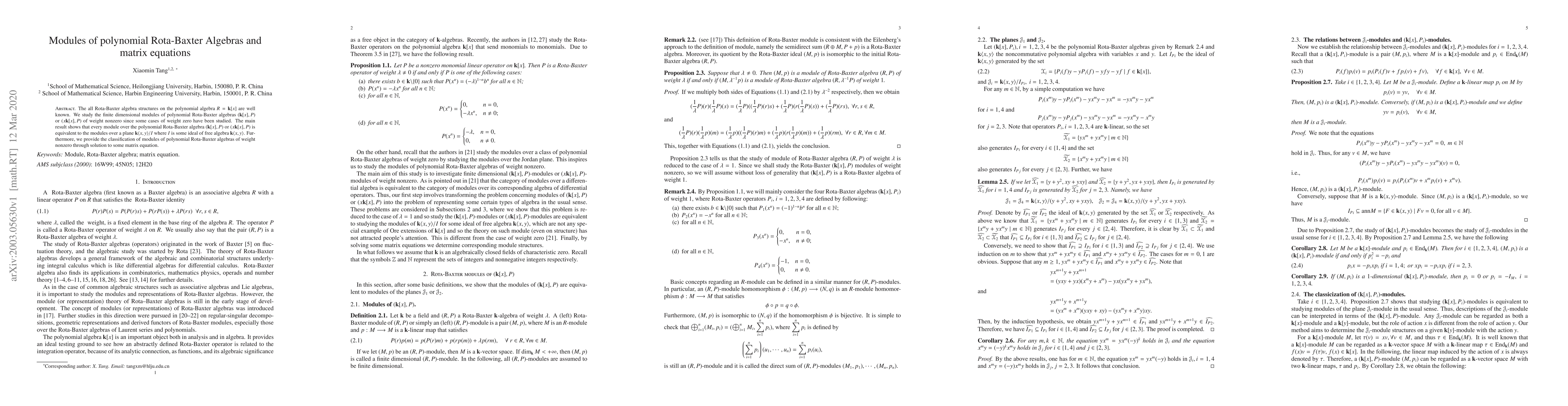 Thumbnail for Modules of polynomial Rota-Baxter Algebras and matrix equations