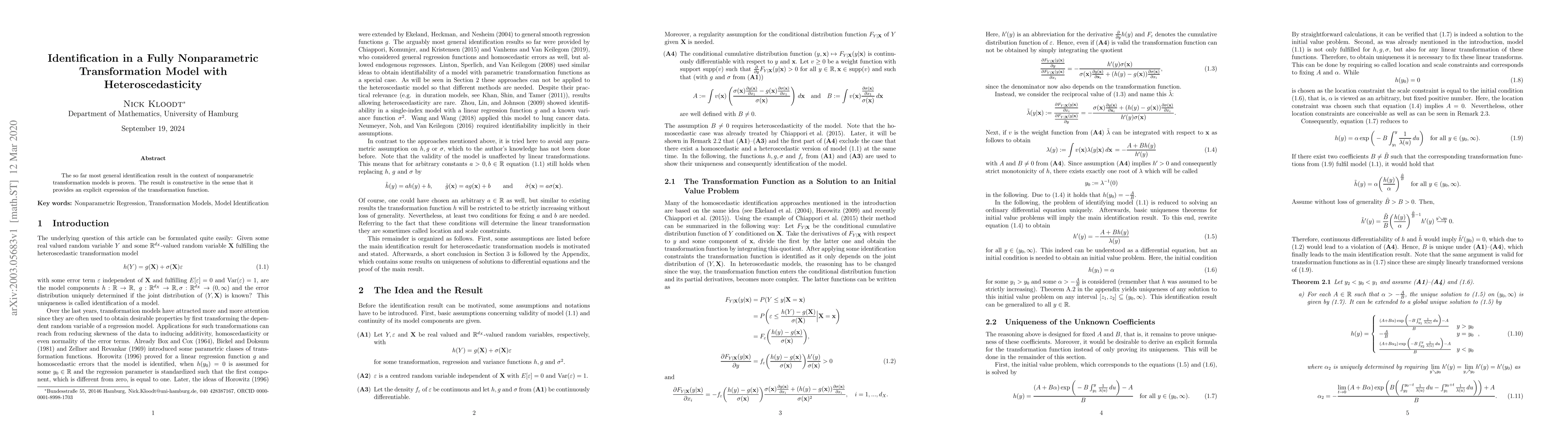 Thumbnail for Identification in a Fully Nonparametric Transformation Model with
  Heteroscedasticity