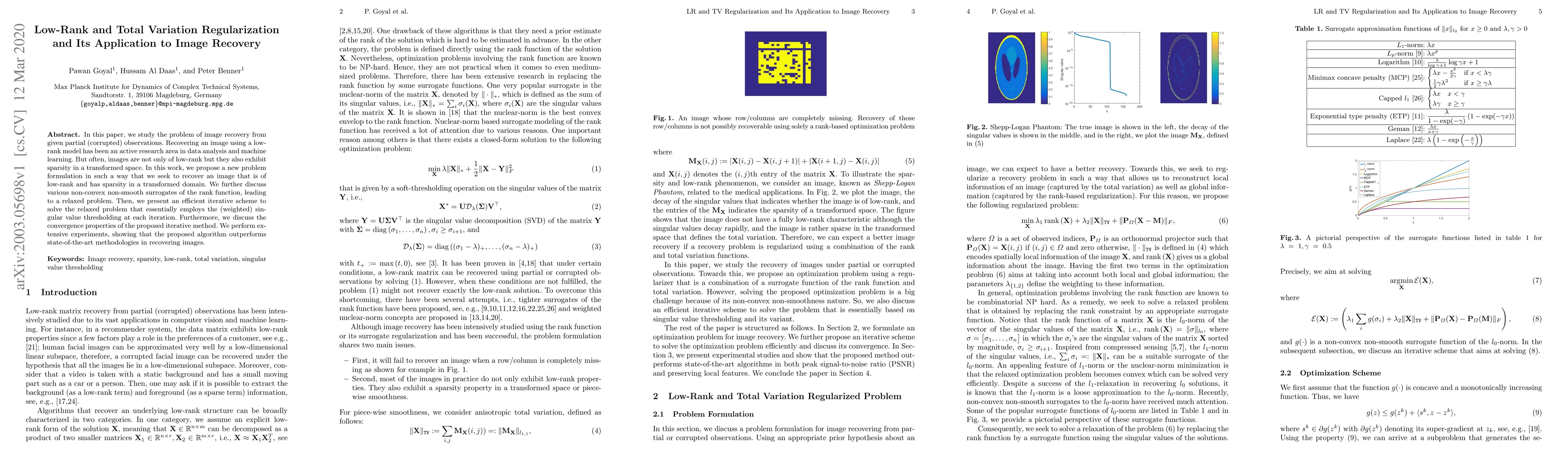 Thumbnail for Low-Rank and Total Variation Regularization and Its Application to Image
  Recovery