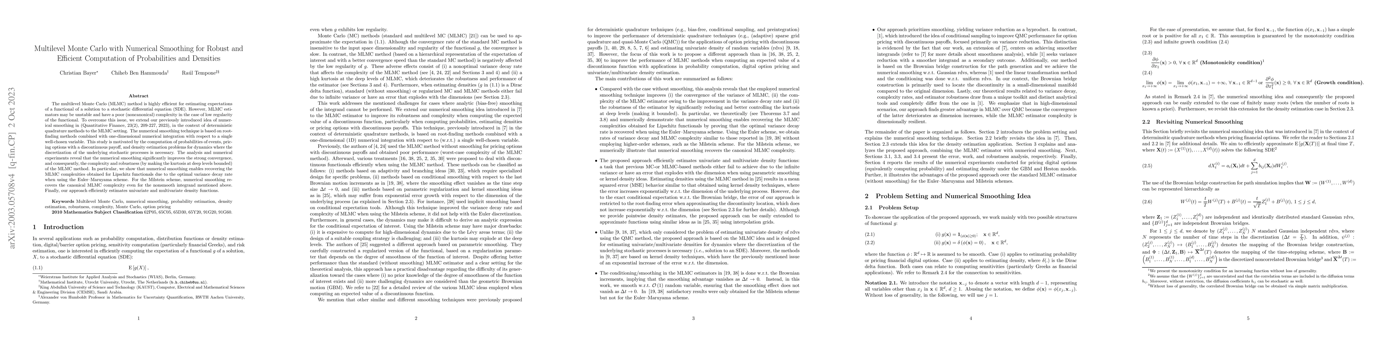 Thumbnail for Multilevel Monte Carlo with Numerical Smoothing for Robust and Efficient
  Computation of Probabilities and Densities