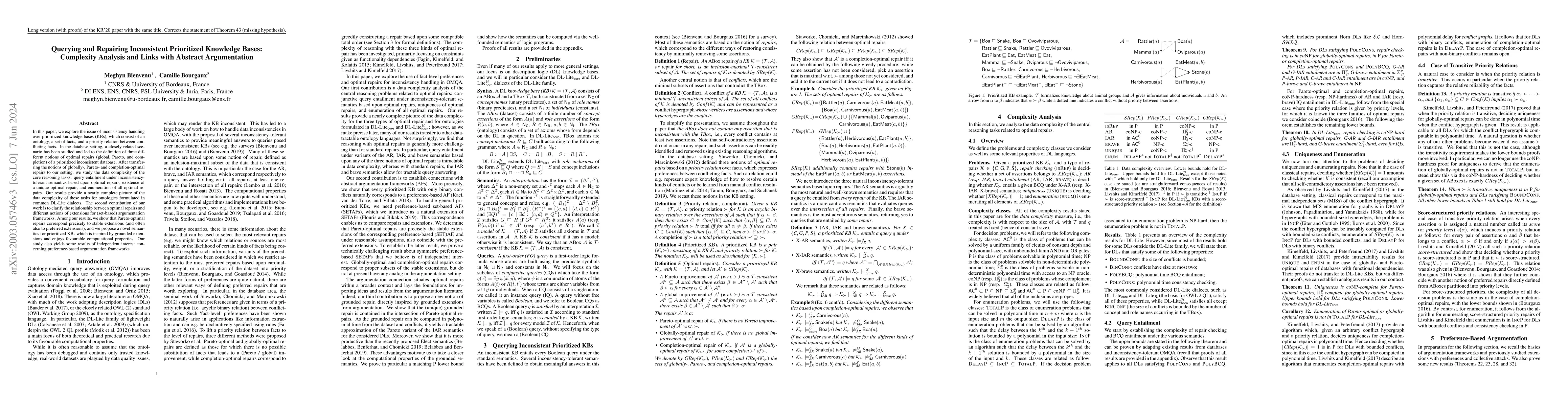 Thumbnail for Querying and Repairing Inconsistent Prioritized Knowledge Bases:
  Complexity Analysis and Links with Abstract Argumentation