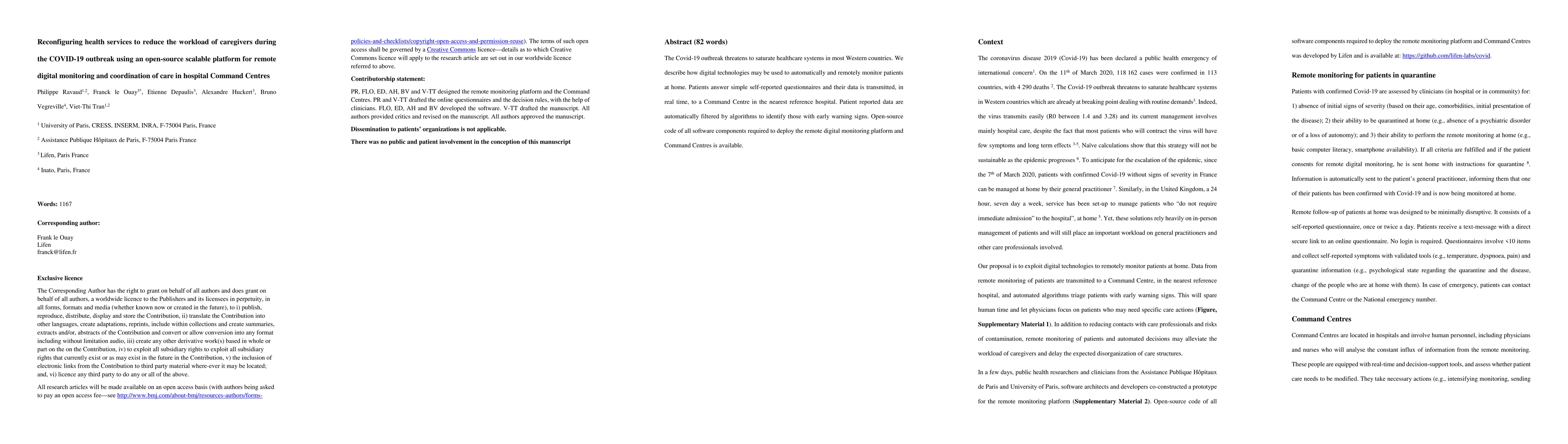 Thumbnail for Reconfiguring health services to reduce the workload of caregivers
  during the COVID-19 outbreak using an open-source scalable platform for
  remote digital monitoring and coordination of care in hospital Command
  Centres