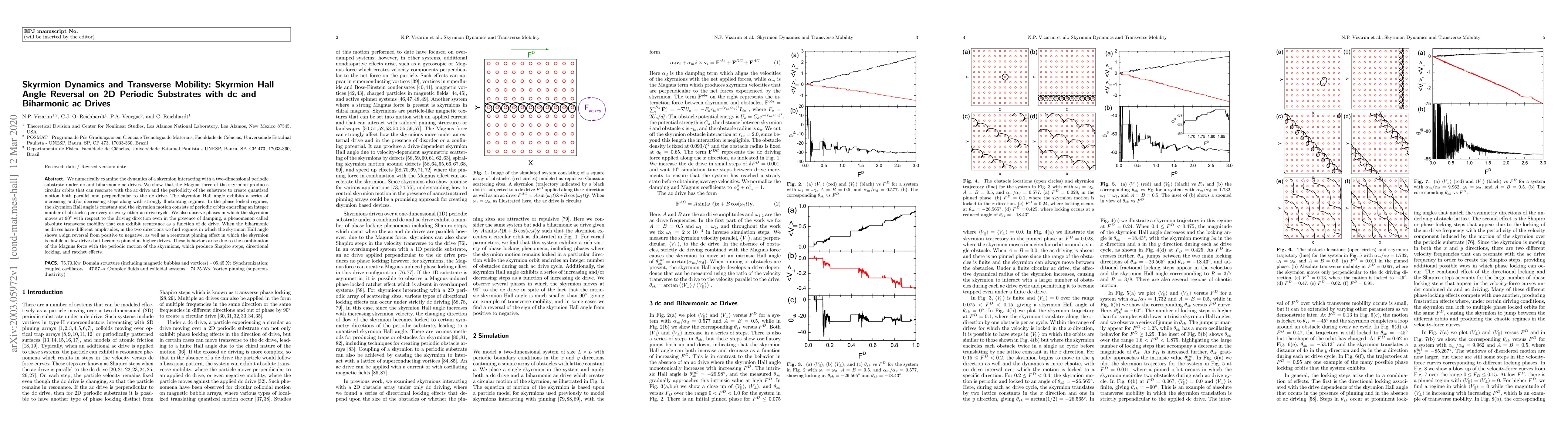 Thumbnail for Skyrmion Dynamics and Transverse Mobility: Skyrmion Hall Angle Reversal
  on 2D Periodic Substrates with dc and Biharmonic ac Drives