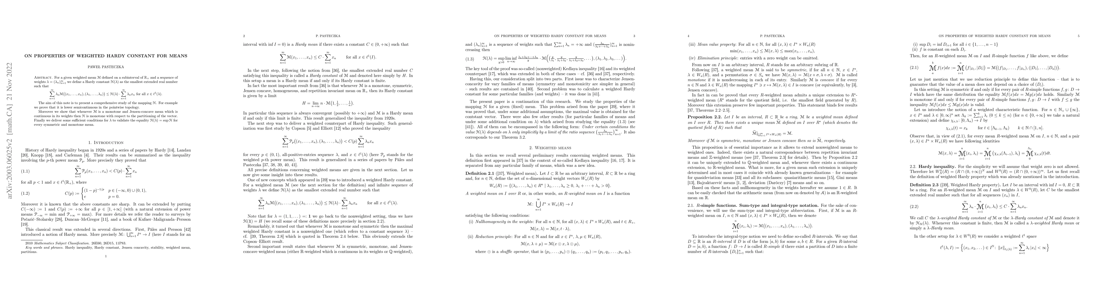 Thumbnail for On properties of weighted Hardy constant for means