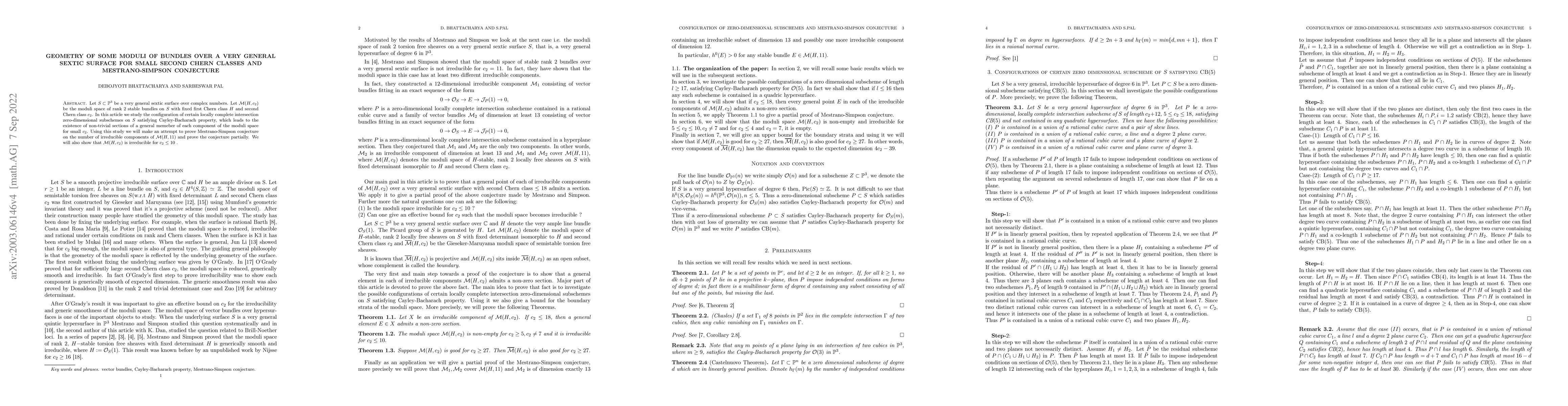Thumbnail for Geometry of some moduli of bundles over a very general sextic surface
  for small second Chern classes and Mestrano-Simpson Conjecture