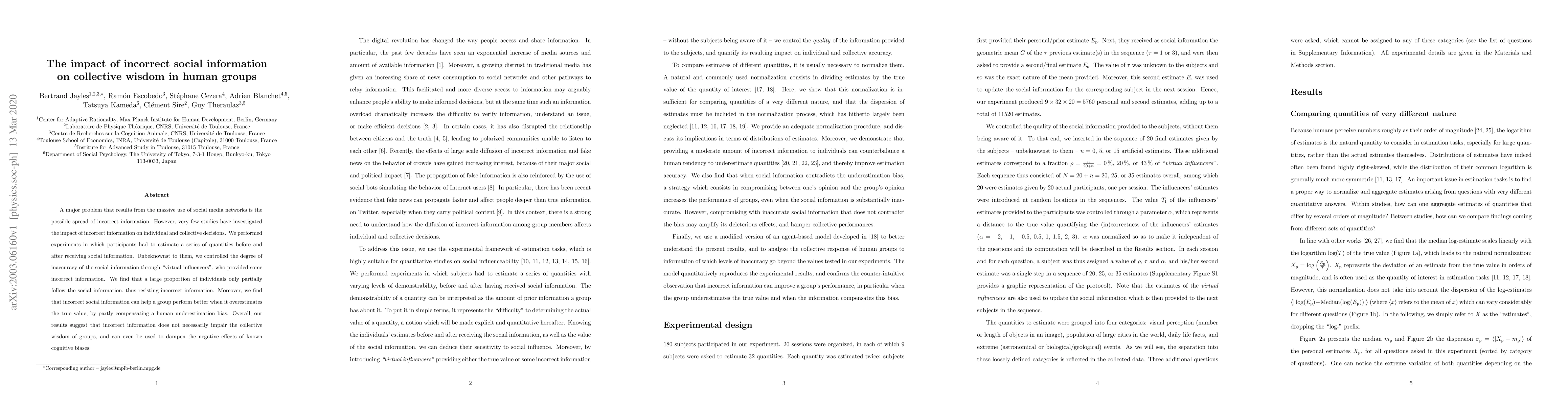 Thumbnail for The impact of incorrect social information on collective wisdom in human
  groups