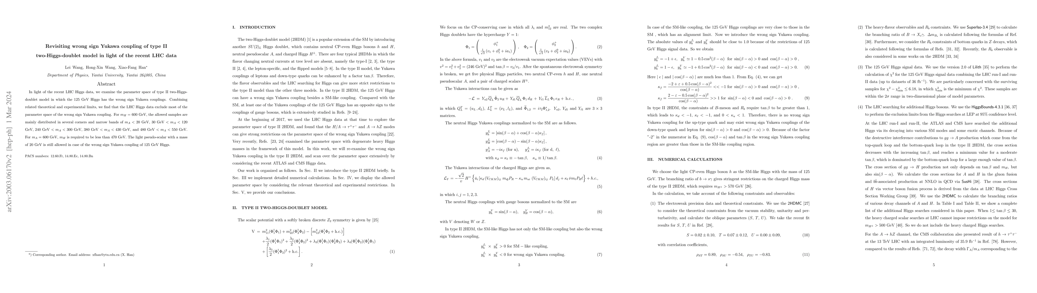 Thumbnail for Revisiting wrong sign Yukawa coupling of type II two-Higgs-doublet model
  in light of the recent LHC data