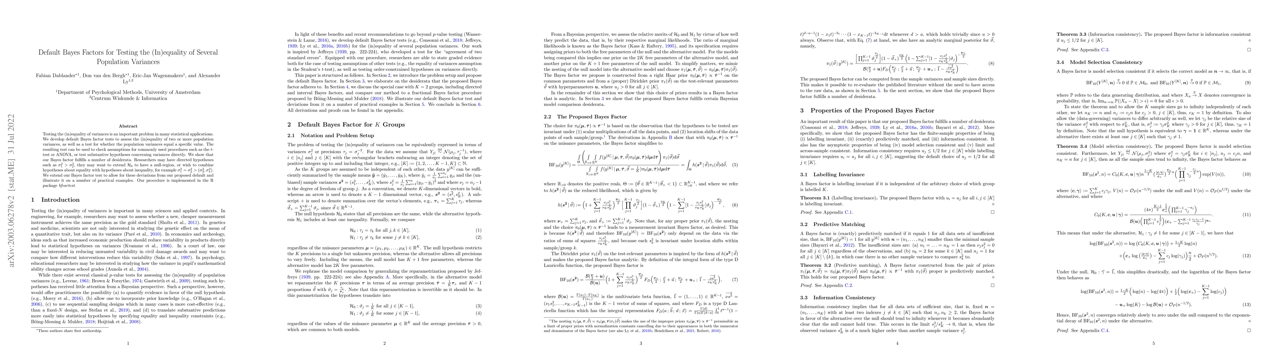 Thumbnail for Default Bayes Factors for Testing the (In)equality of Several Population
  Variances