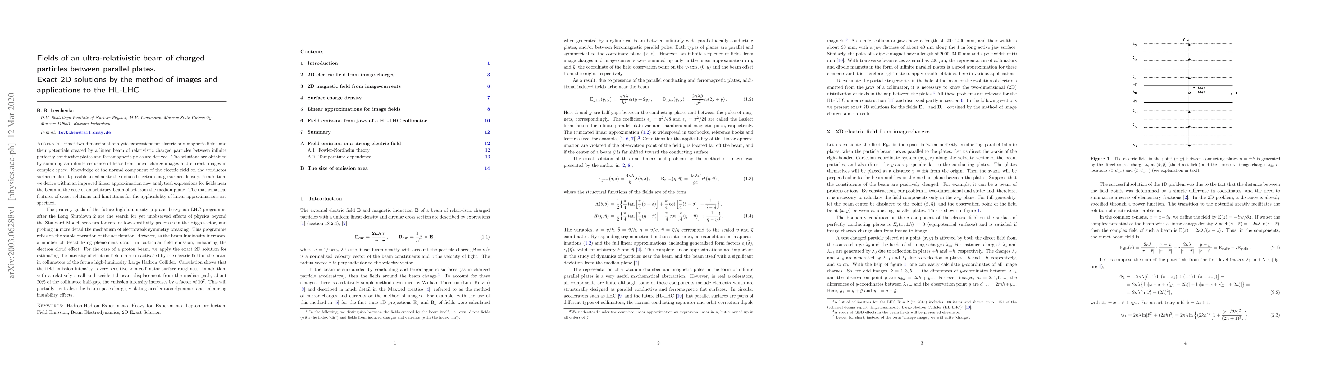 Thumbnail for Fields of an ultra-relativistic beam of charged particles between
  parallel plates. Exact 2D solutions by the method of images and applications
  to the HL-LHC
