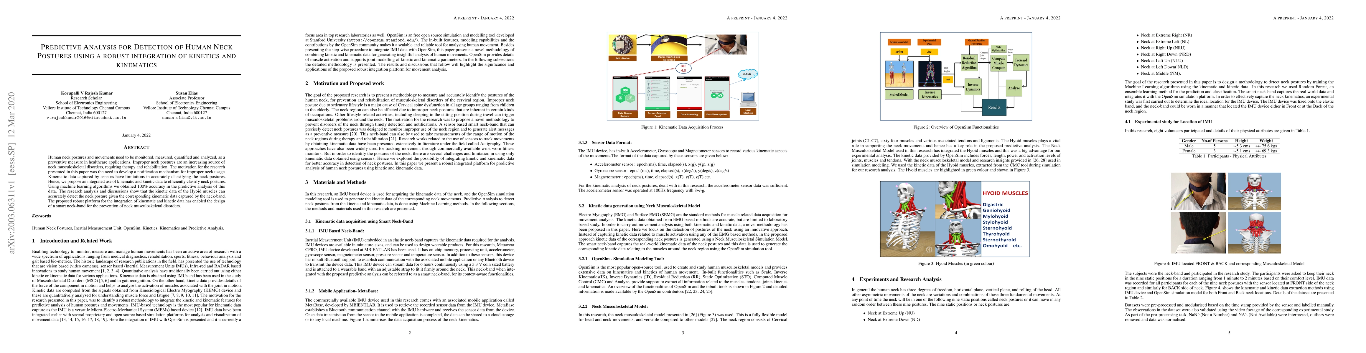 Thumbnail for Predictive Analysis for Detection of Human Neck Postures using a robust
  integration of kinetics and kinematics