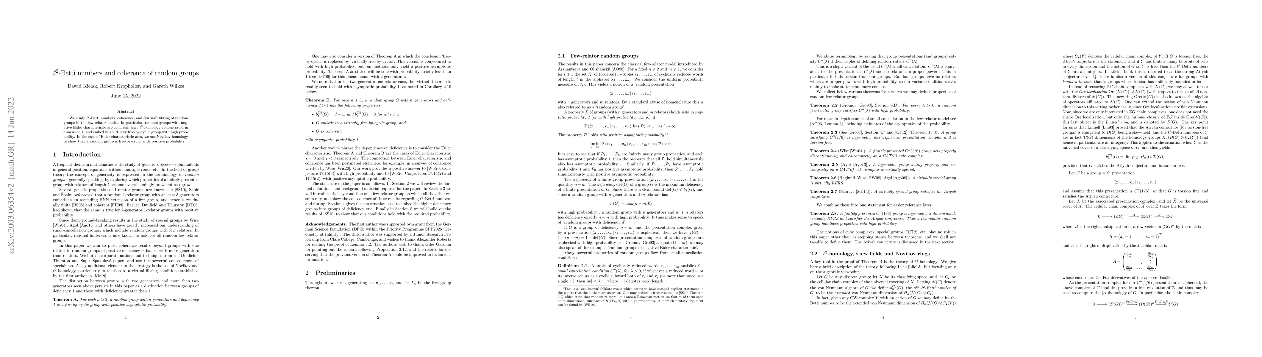 Thumbnail for $\ell^2$ Betti numbers and coherence of random groups