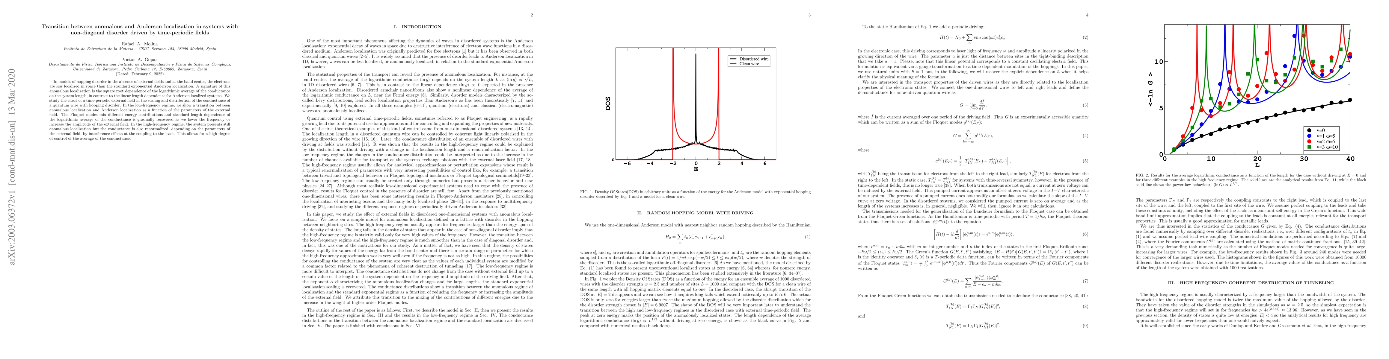 Thumbnail for Transition between anomalous and Anderson localization in systems with
  non-diagonal disorder driven by time-periodic fields