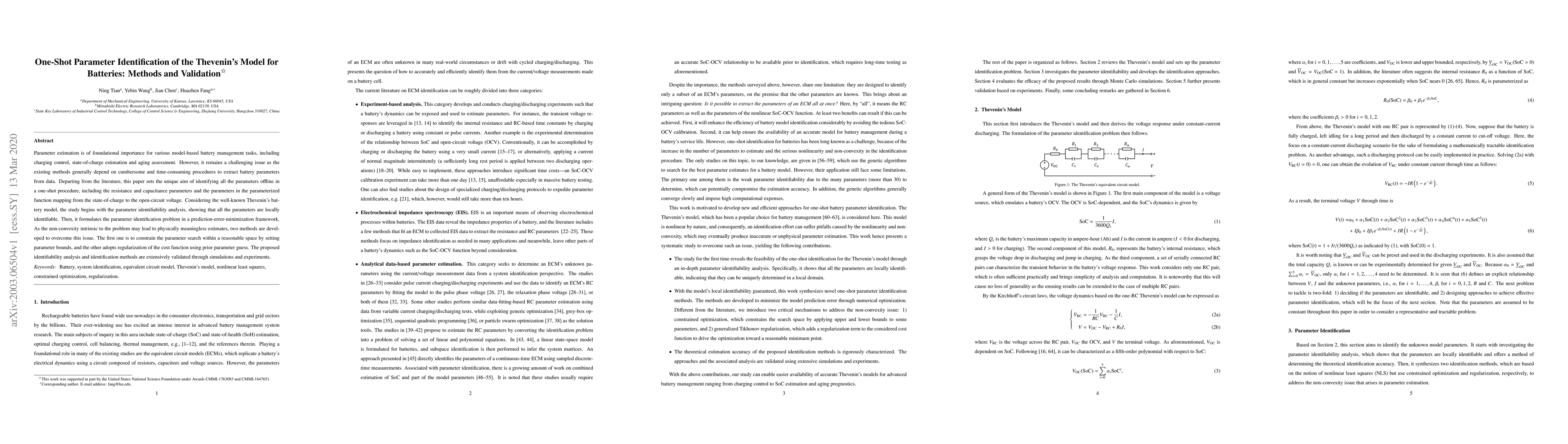 Thumbnail for One-Shot Parameter Identification of the Thevenin's Model for Batteries:
  Methods and Validation
