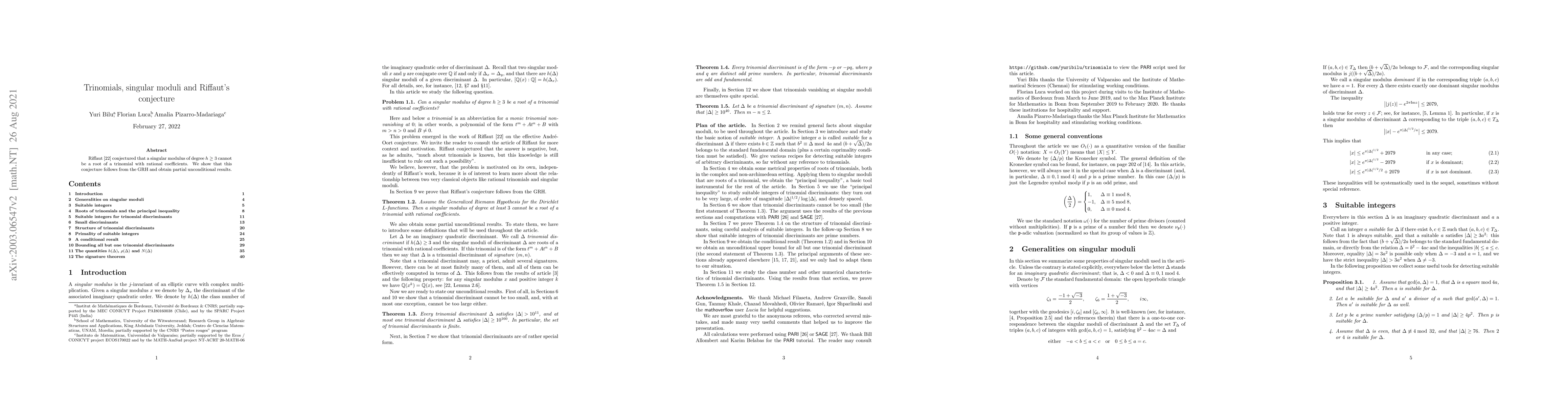 Thumbnail for Trinomials, singular moduli and Riffaut's conjecture