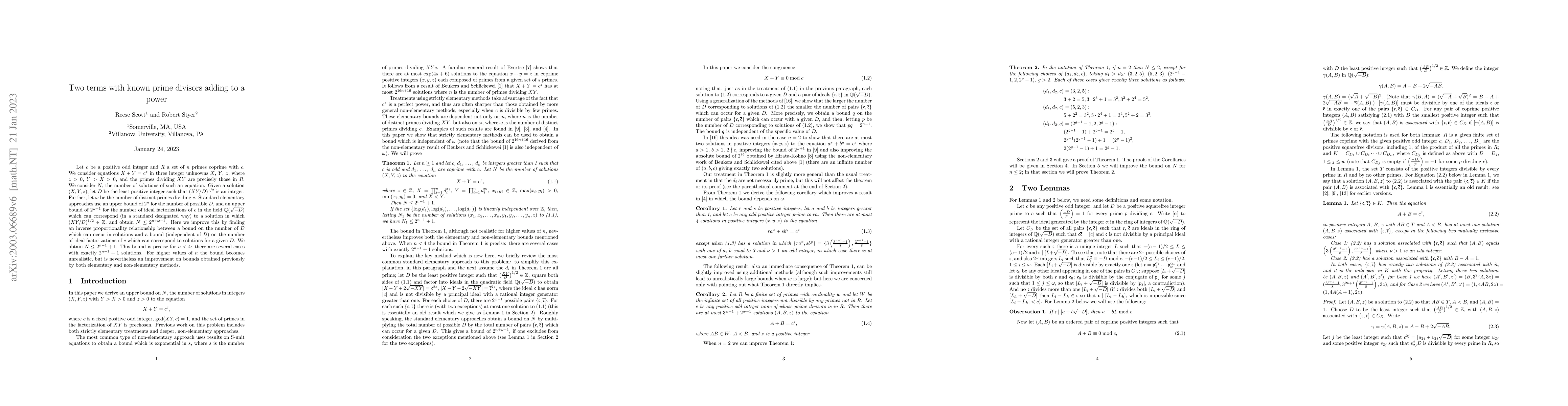 Thumbnail for Two terms with known prime divisors adding to a power: REVISED with
  APPENDICES