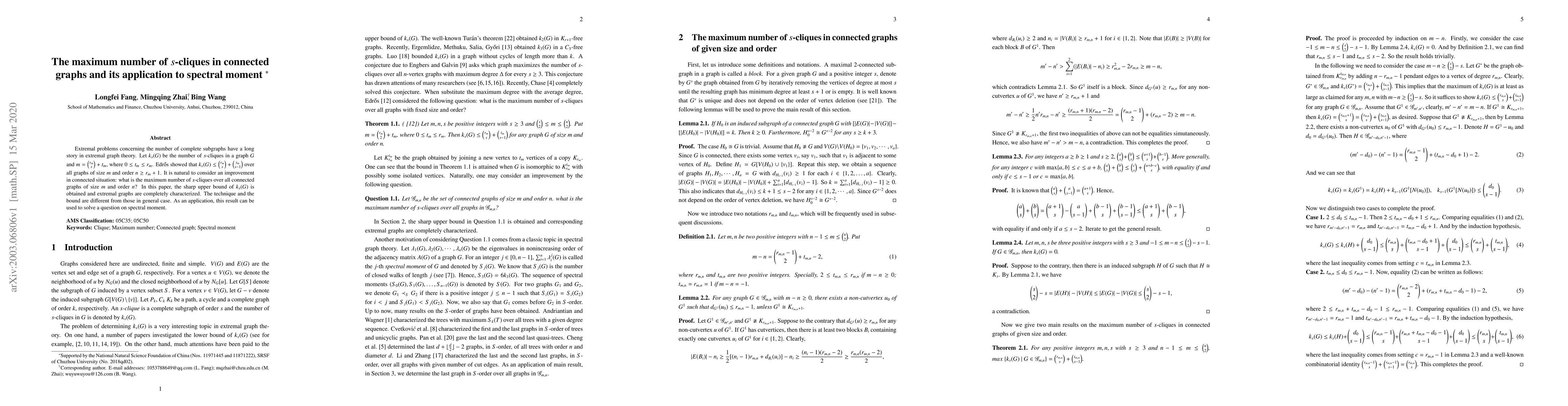 Thumbnail for The maximum number of s-cliques in connected graphs and its application
  to spectral moment