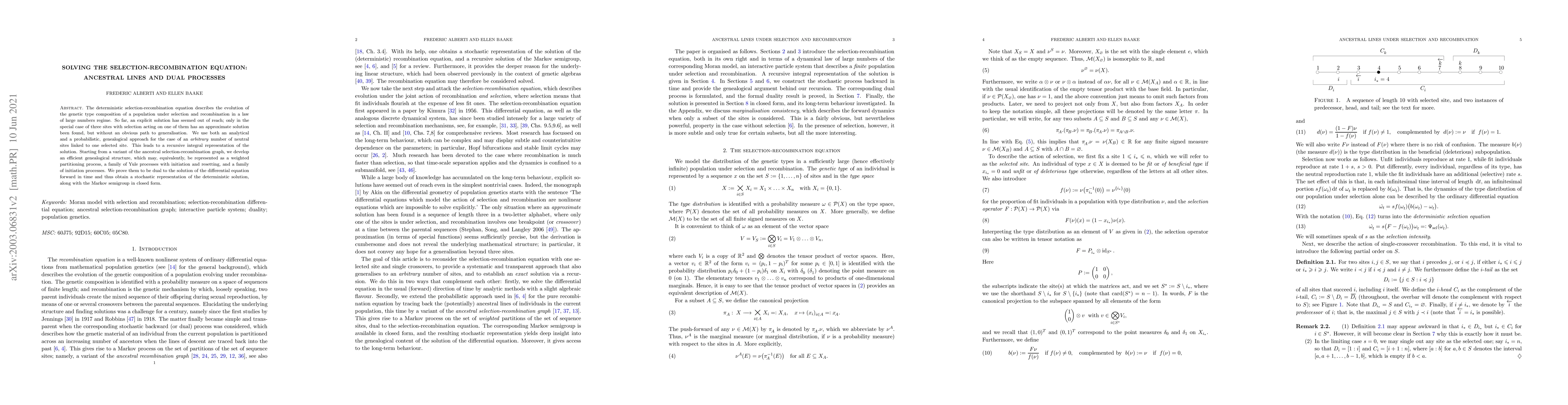 Thumbnail for Solving the selection-recombination equation: Ancestral lines under
  selection and recombination