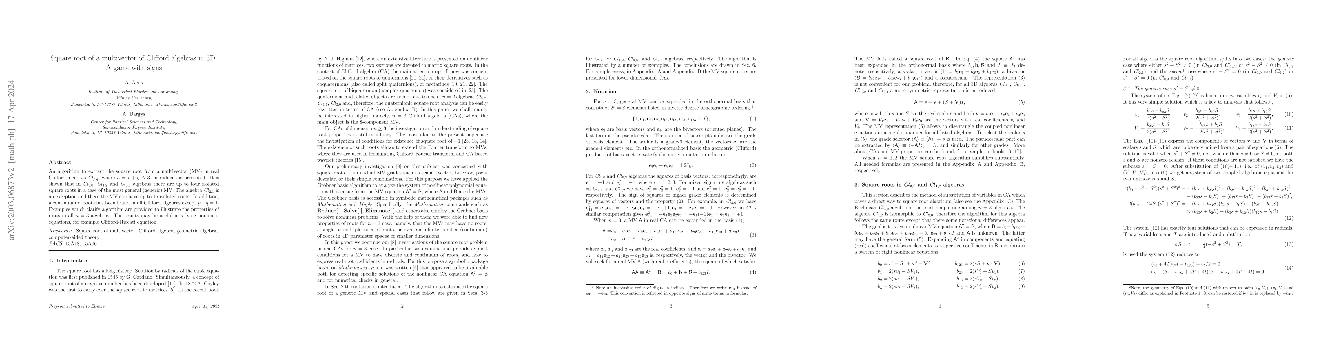 Thumbnail for Square root of a multivector of Clifford algebras in 3D: A game with
  signs