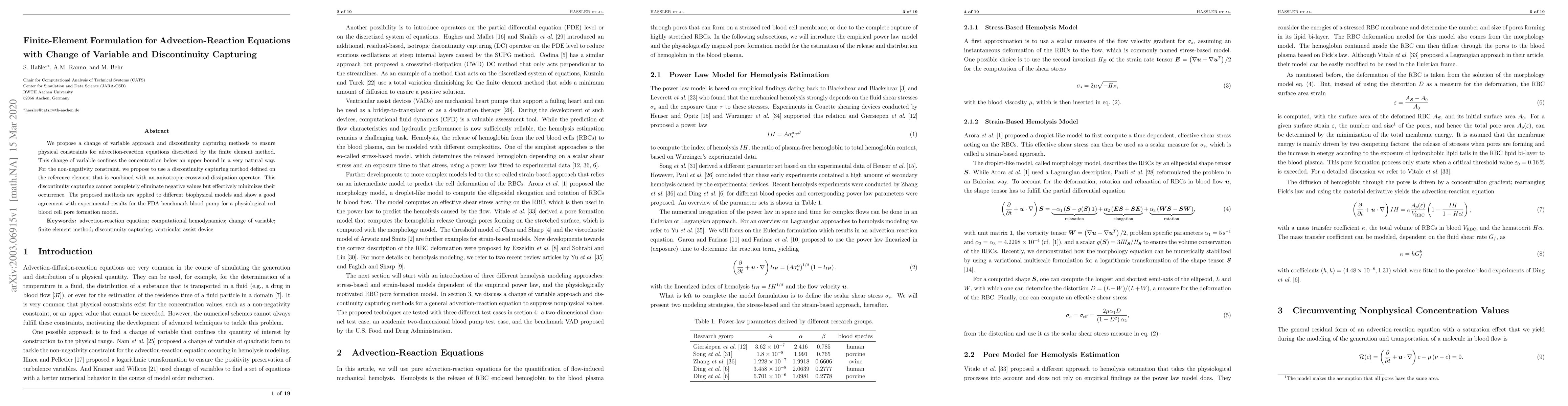 Thumbnail for Finite-Element Formulation for Advection-Reaction Equations with Change
  of Variable and Discontinuity Capturing