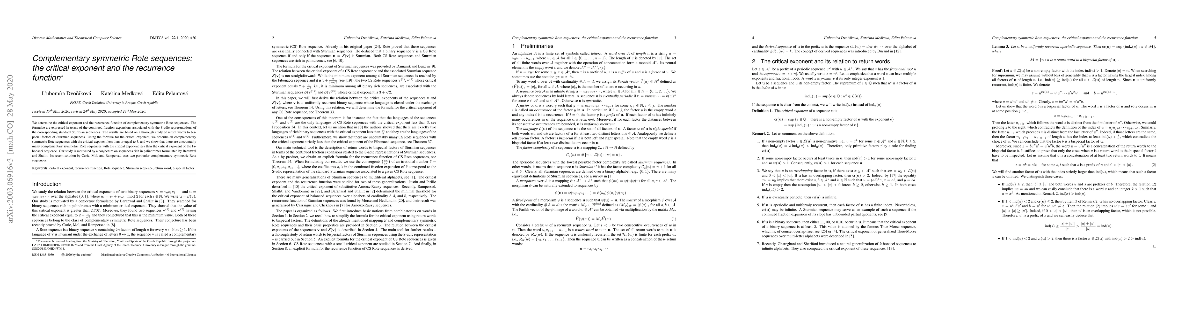 Thumbnail for Complementary symmetric Rote sequences: the critical exponent and the
  recurrence function