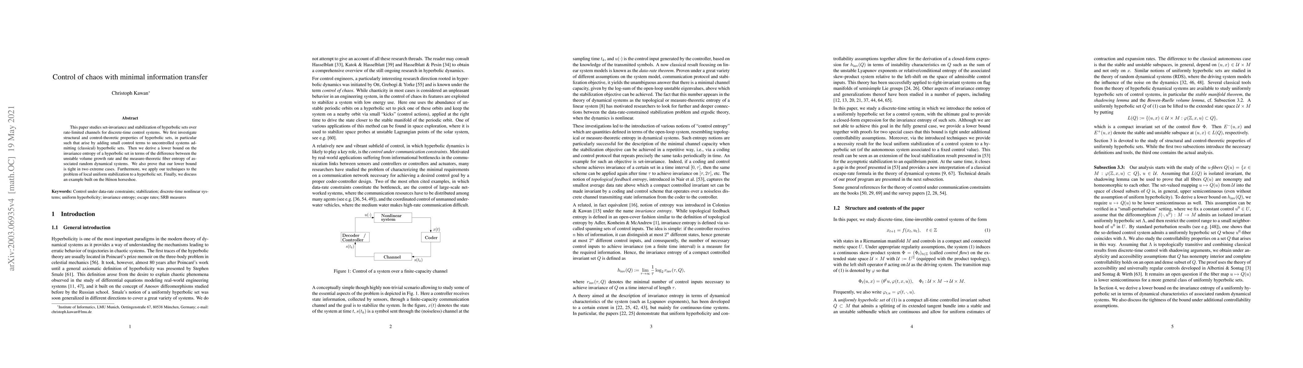Thumbnail for Control of chaos with minimal information transfer