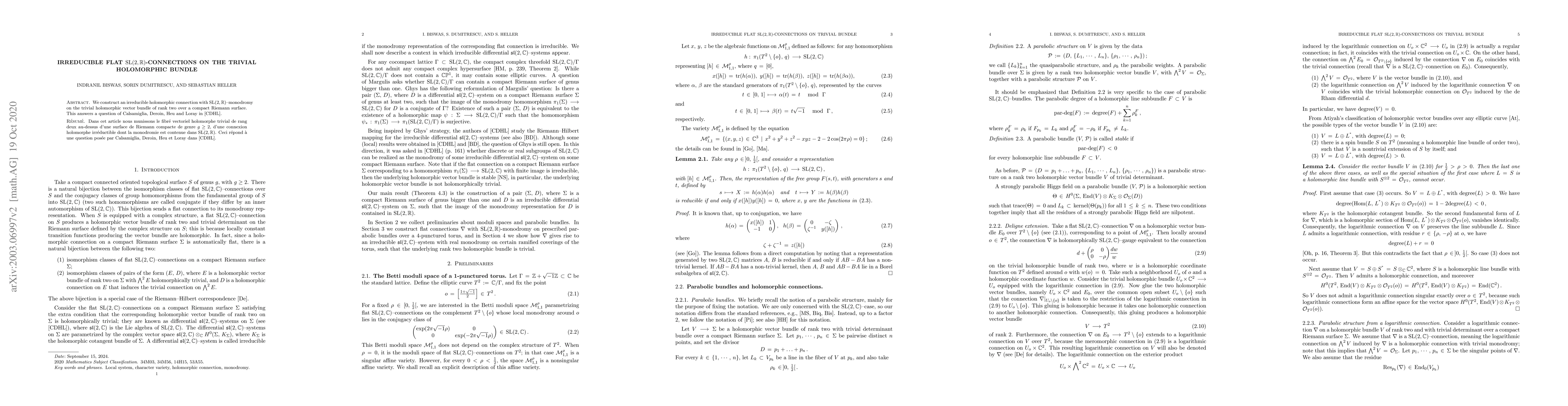 Thumbnail for Irreducible flat SL(2,R)-connections on the trivial holomorphic bundle
