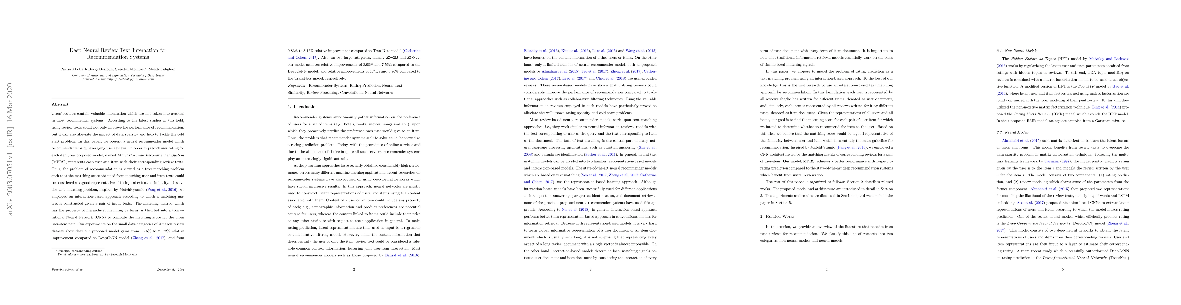 Thumbnail for Deep Neural Review Text Interaction for Recommendation Systems