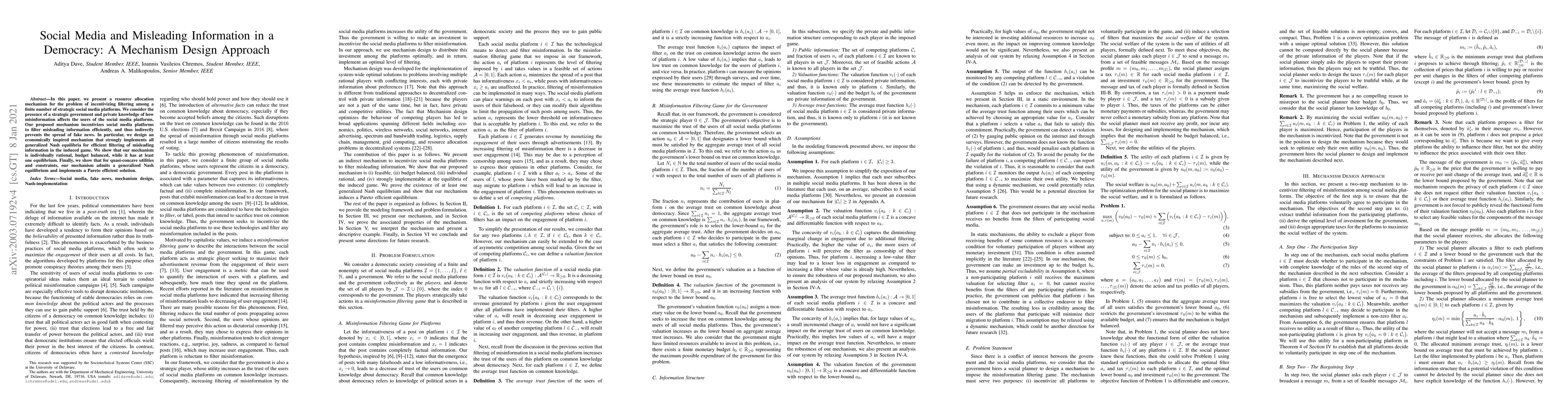 Thumbnail for Social Media and Misleading Information in a Democracy: A Mechanism
  Design Approach