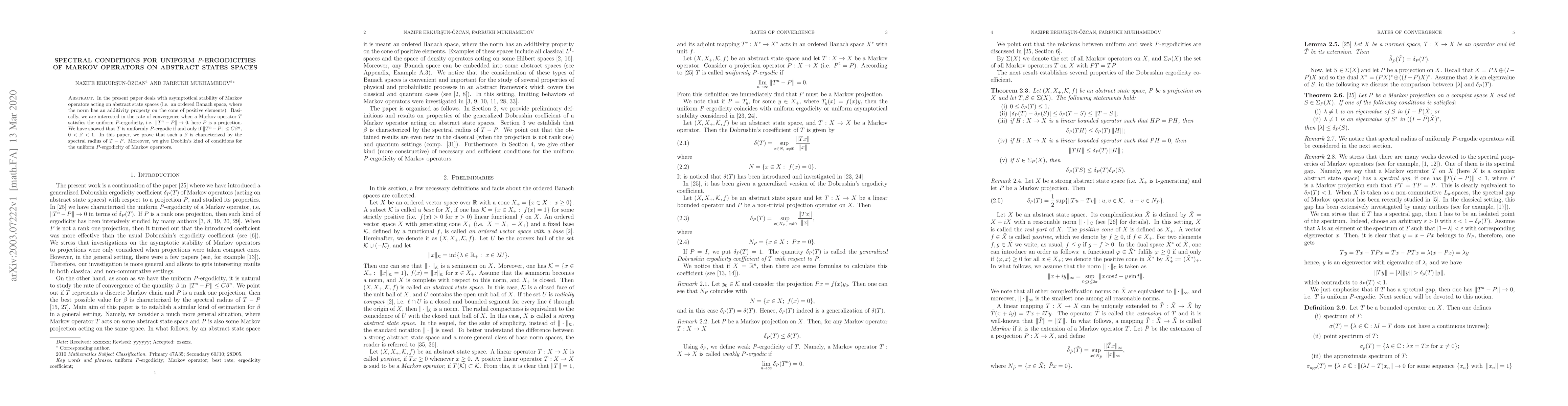 Thumbnail for Spectral conditions for uniform $P$-ergodicities of Markov operators on
  abstract states spaces